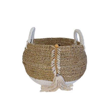 Panier rond en jonc de mer, Blanc/Beige - M