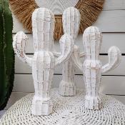 Cactus en bois sculpté blanc - M
