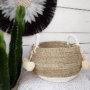 Panier rond en jonc de mer, Blanc/Beige - M