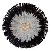 Décoration Ronde en Raphia Noir, Plumes Grises, D 62 cm